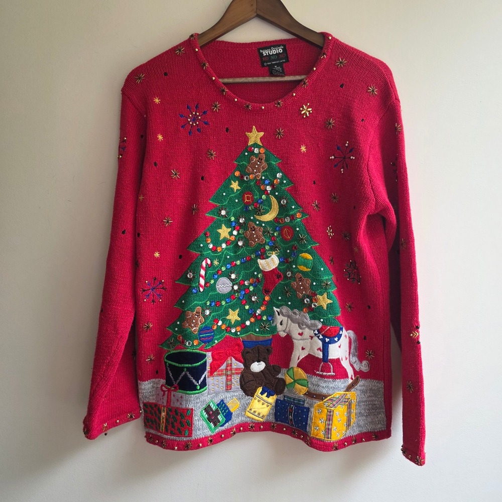 Designers Originals‎ Studio Vintage Christmas Tree Sweater Red Beaded Y2K Medium